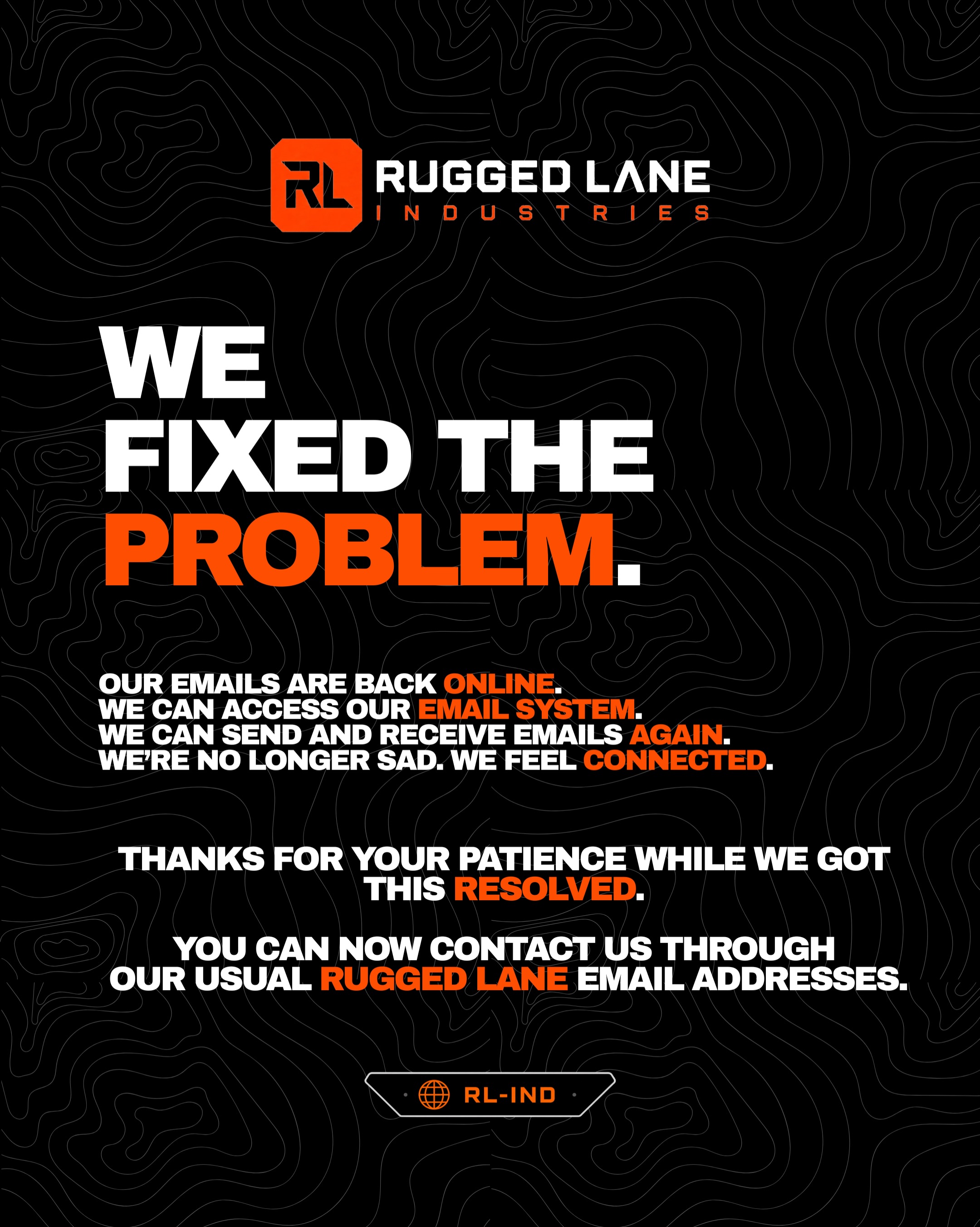 We’re back up and running. Our email system has been restored, and our usual Rug…